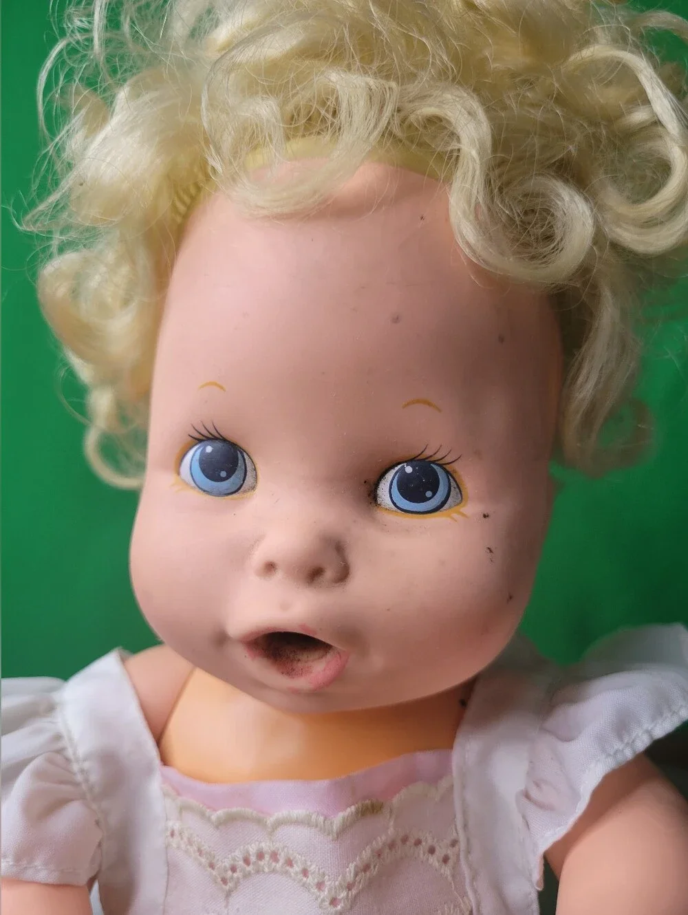 Vintage Baby Alive Curly Blonde Hair Blue Eyes Doll Dress Outfit 1990 Kenner Vtg